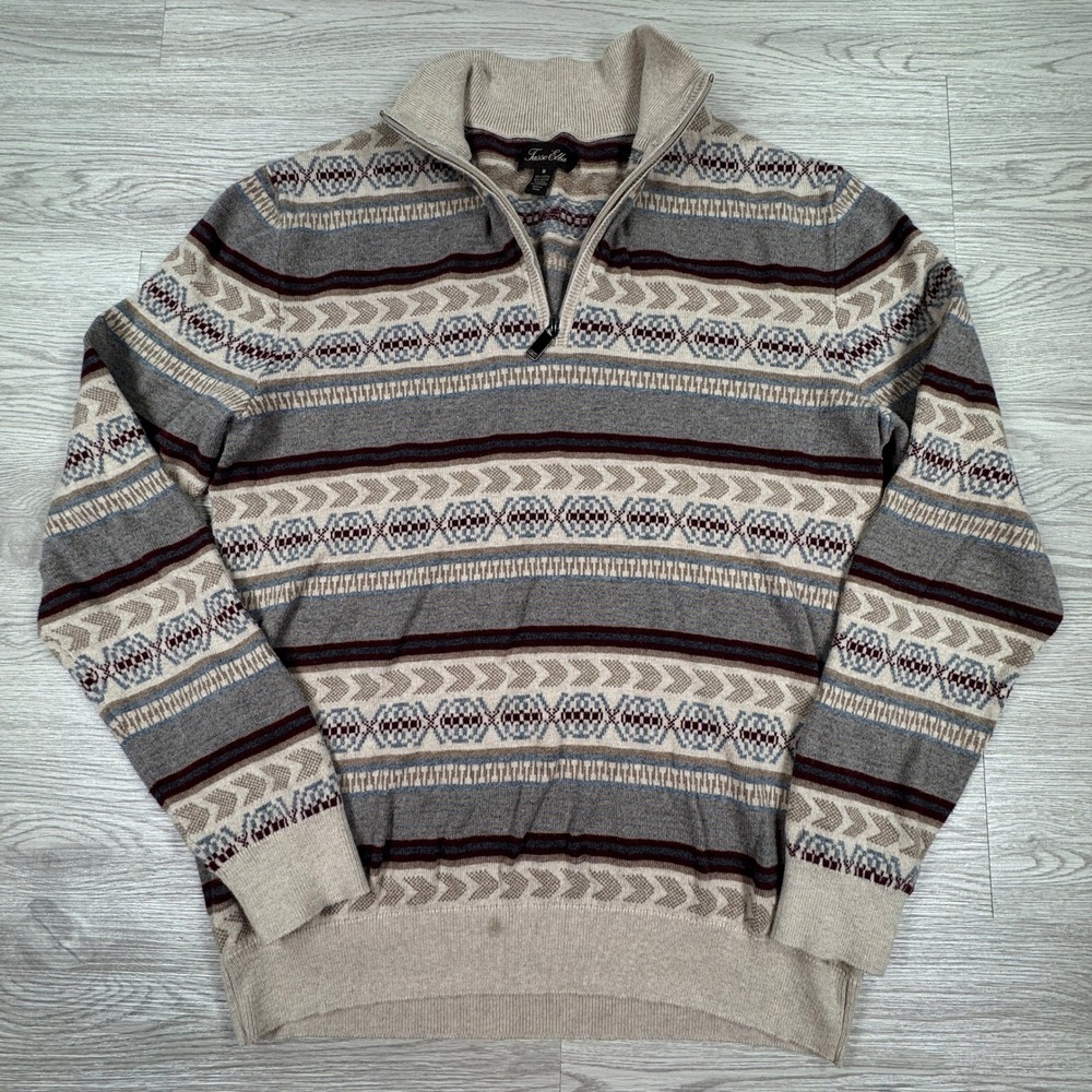 Tasso Elba Mens Sweater Quarter Zip Fair Isle Gray Beige Silk Cashmere Blend Med